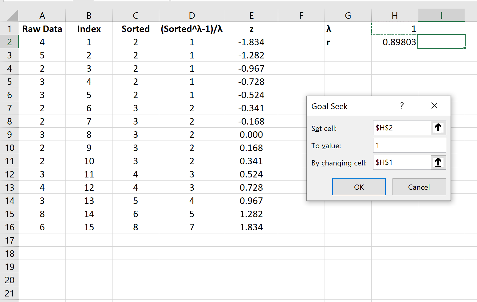 Box-cox transformation in Excel