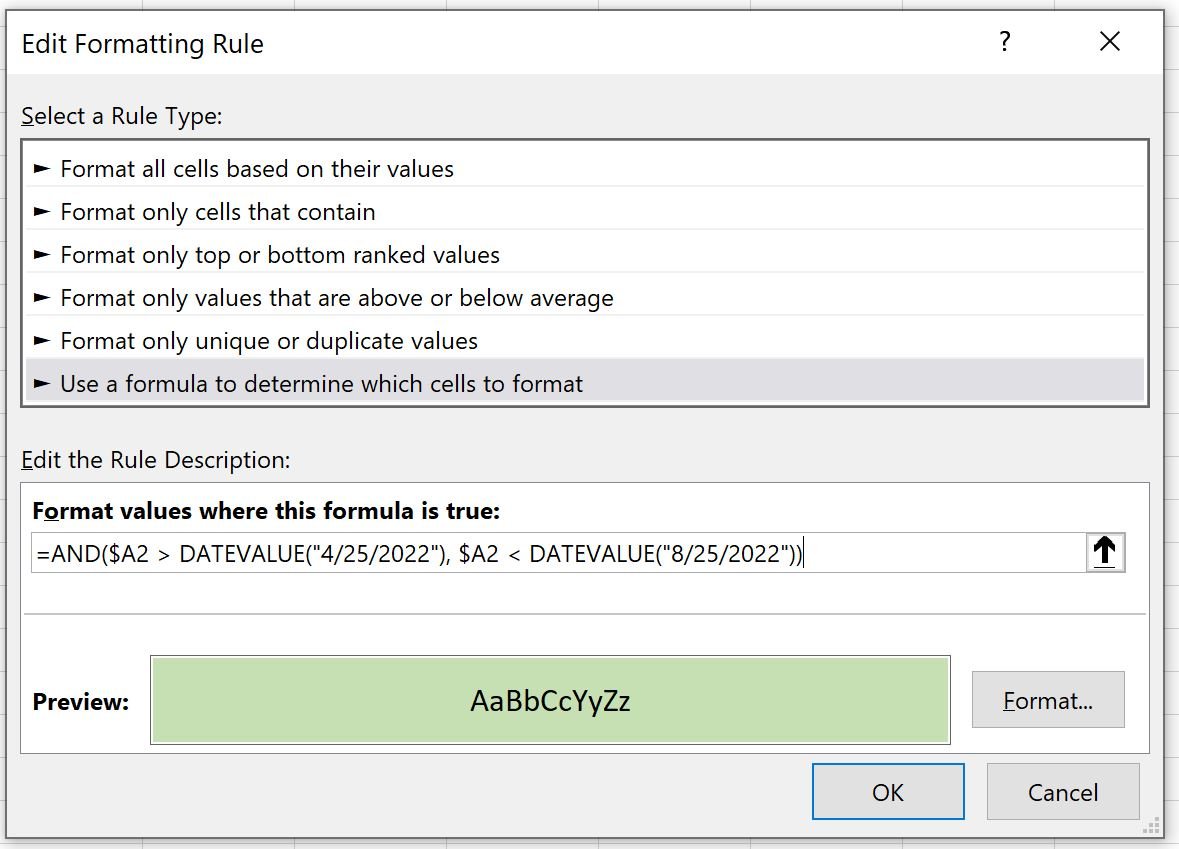 Excel conditional formatting based on date range