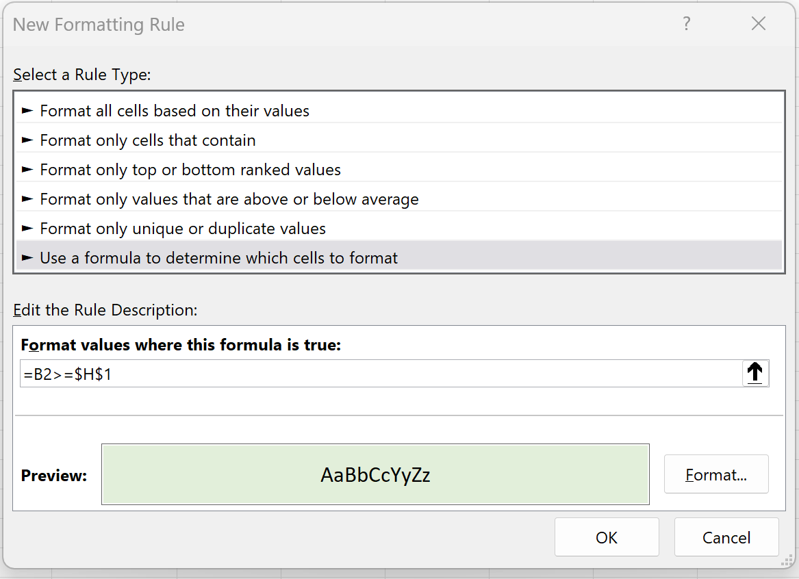 Excel conditional formatting greater than or equal to