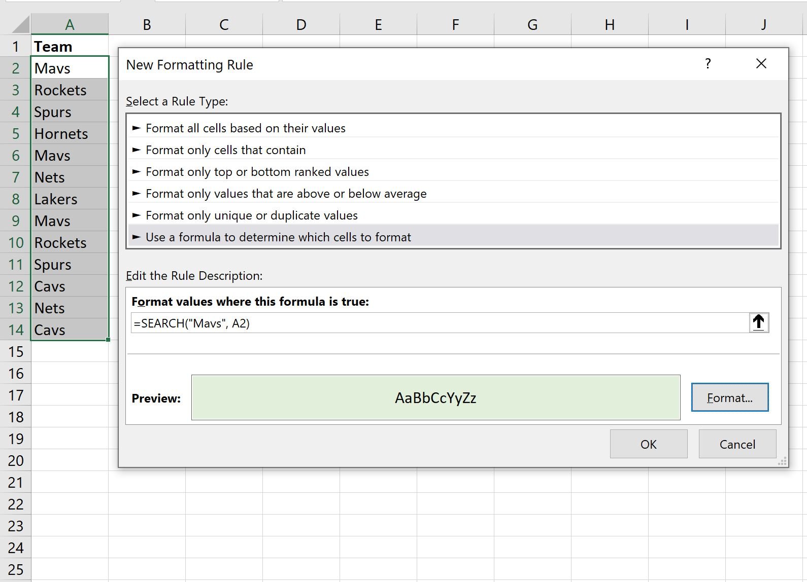 Excel conditional formatting for cells that contain text