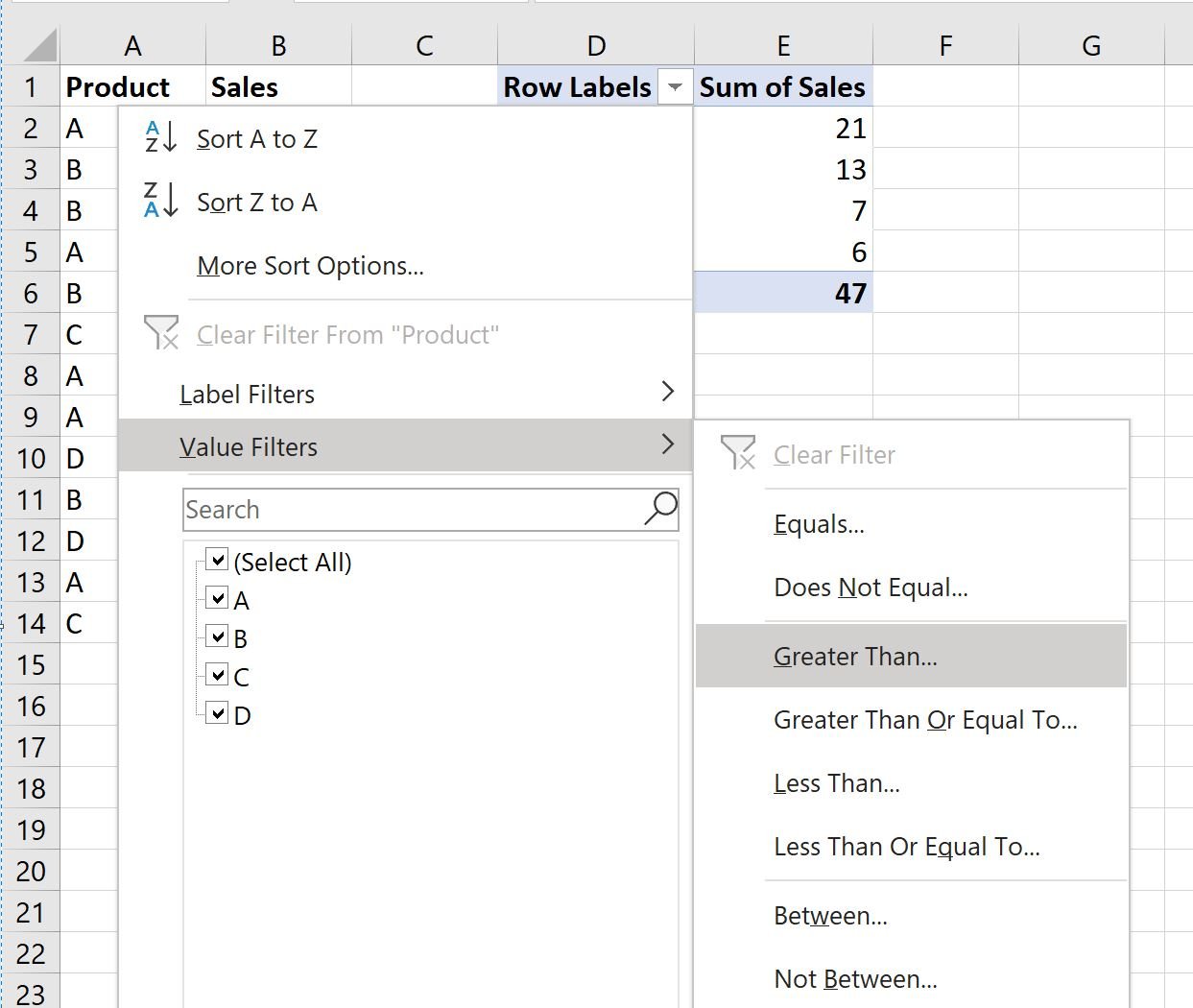 Excel pivot table greater than filter