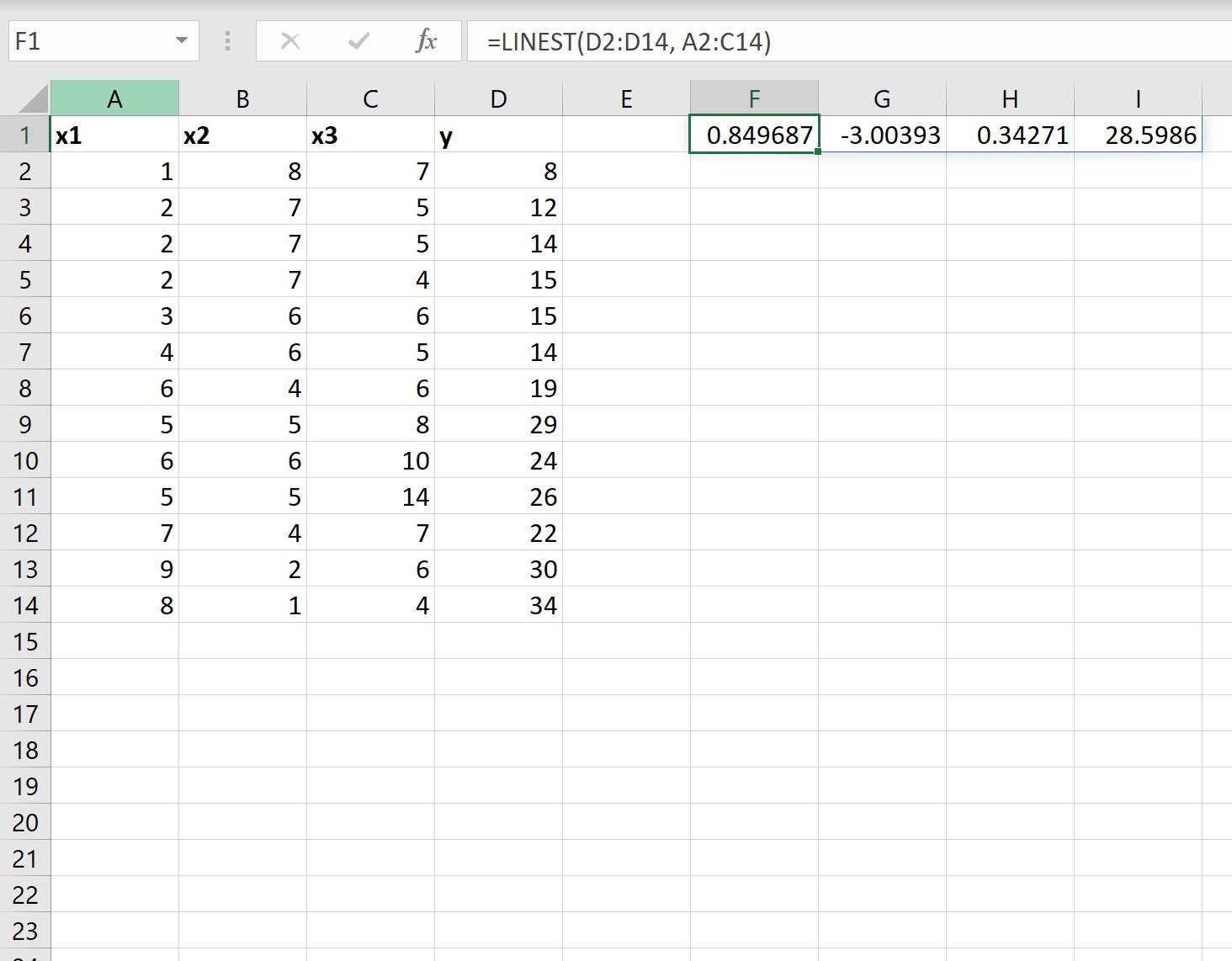 Excel LINEST multiple linear regression