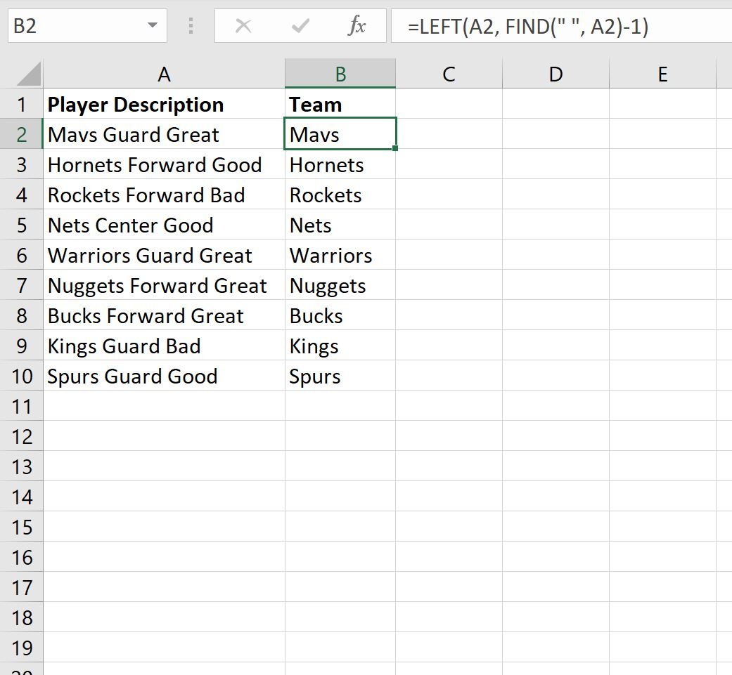 Excel formula for LEFT of space