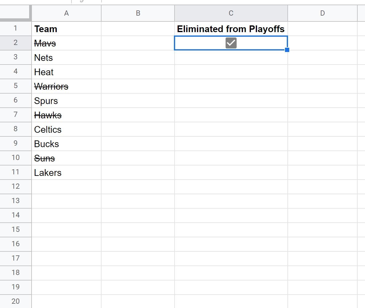 Google Sheets checkbox strikethrough