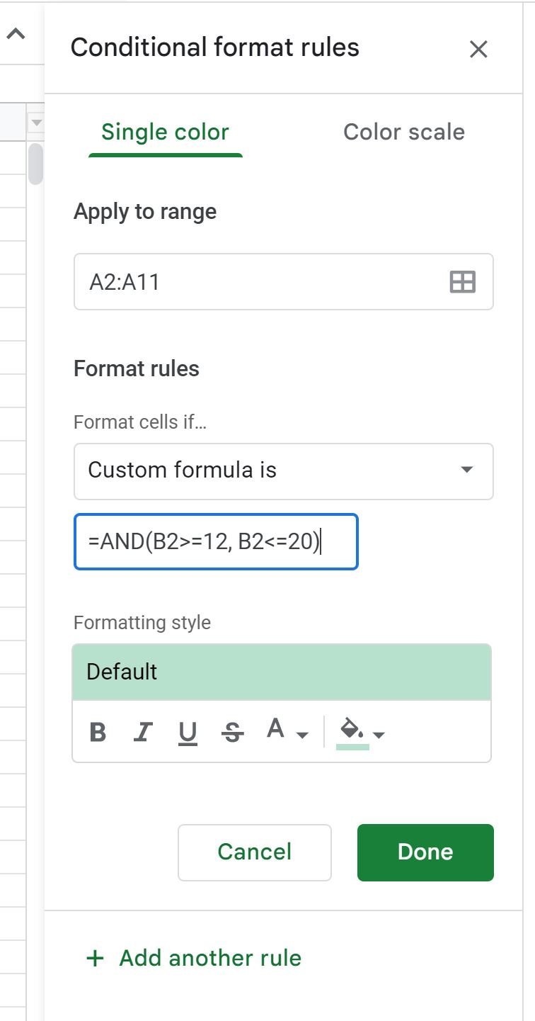 Google Sheets conditional formatting between two values