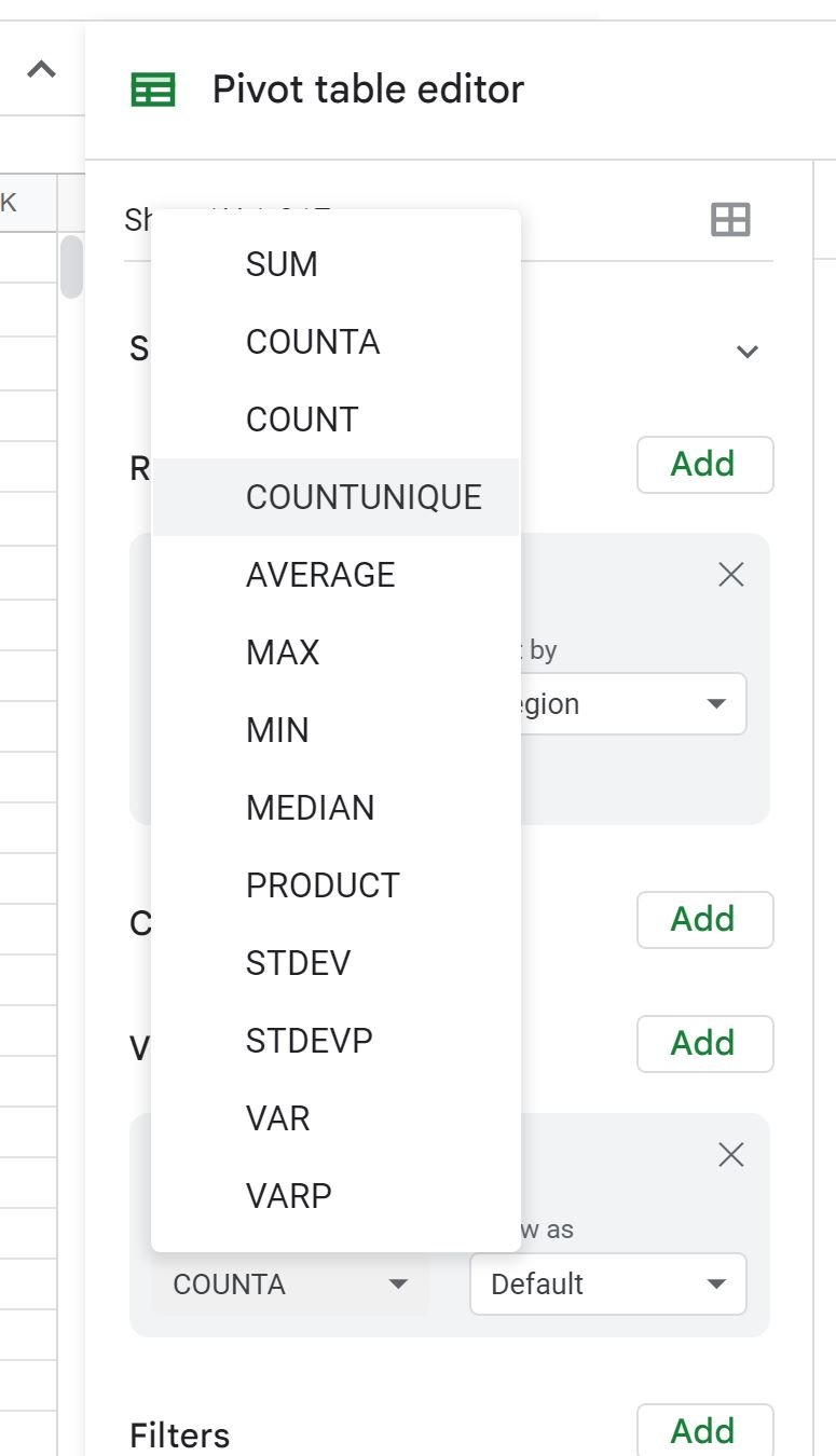 Google Sheets pivot table count unique