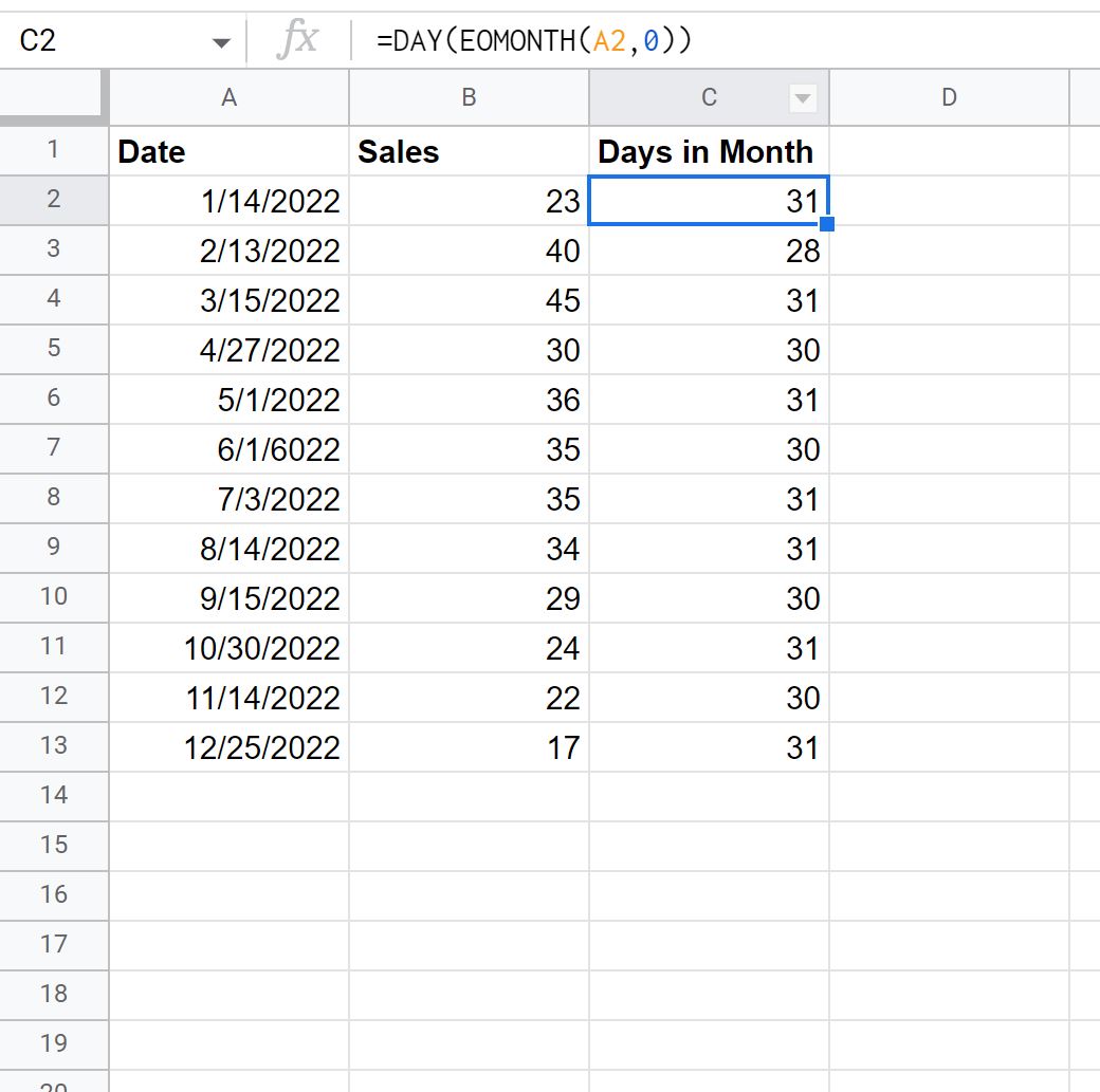 Google Sheets generate days in month
