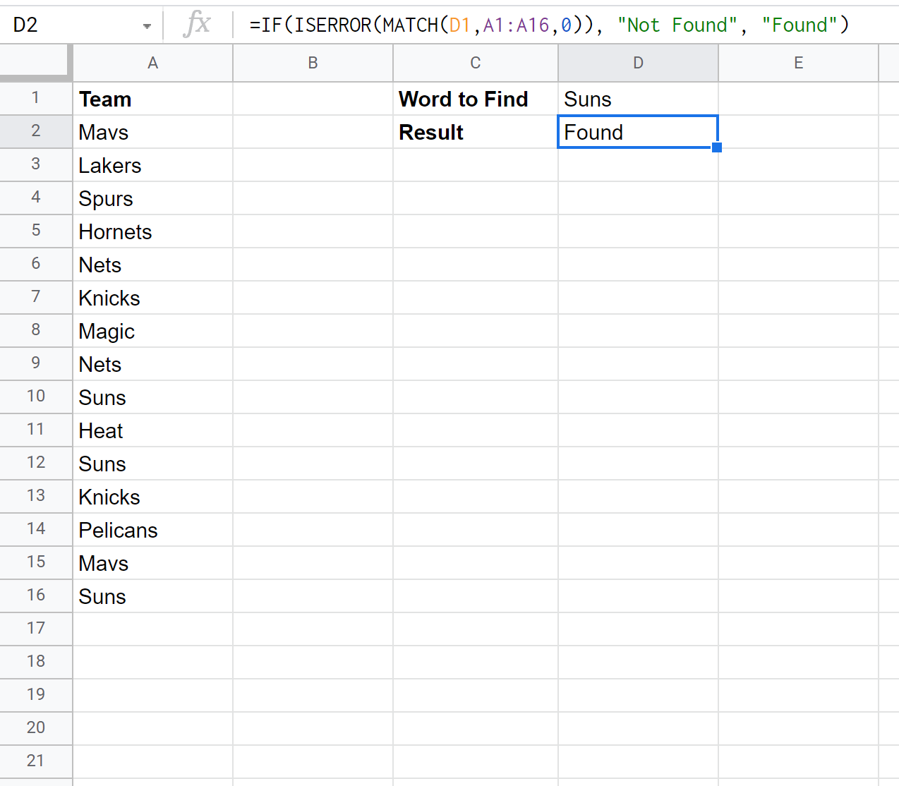 Google Sheets check if value exists in range