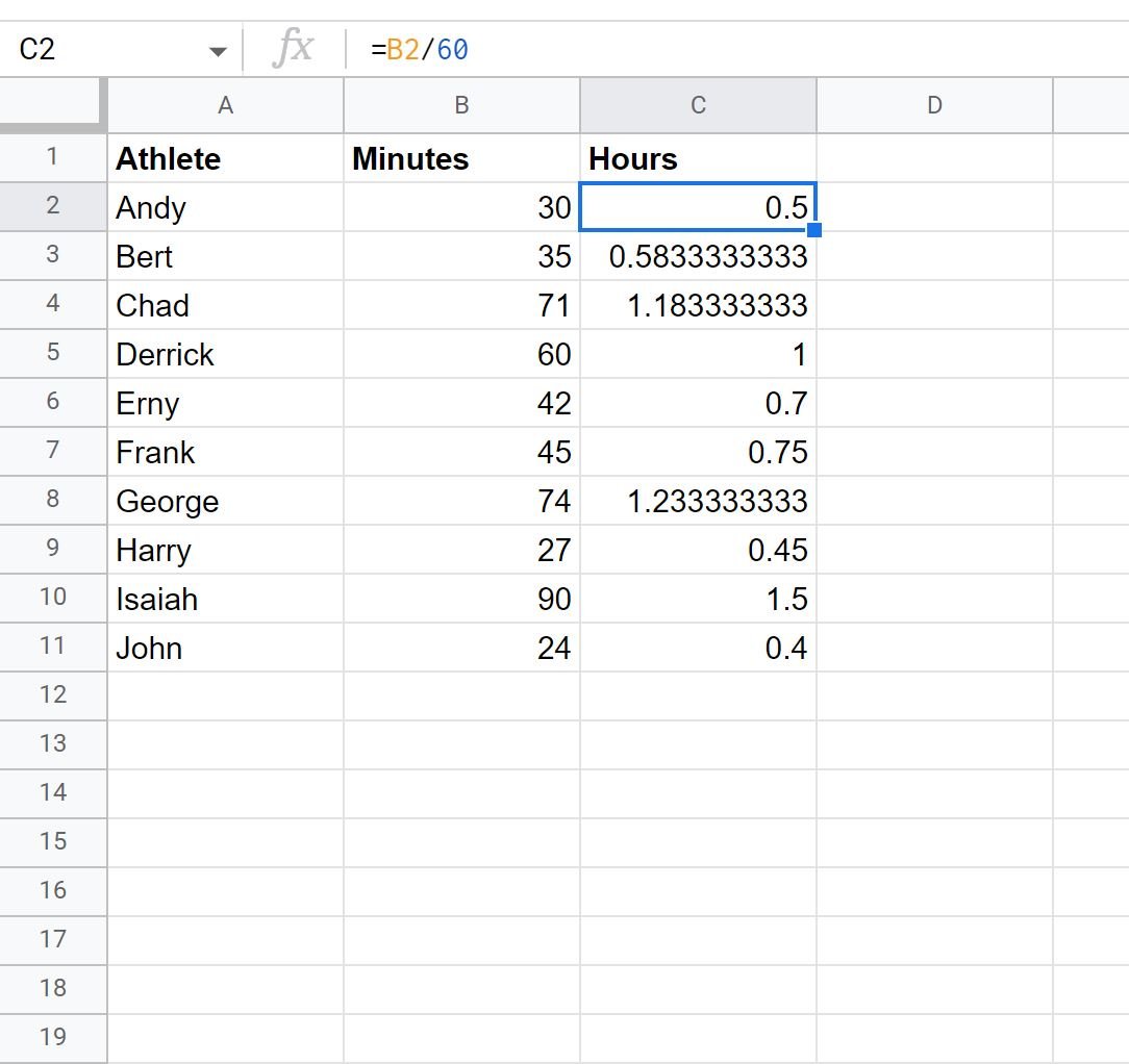 Google Sheets convert minutes to hours