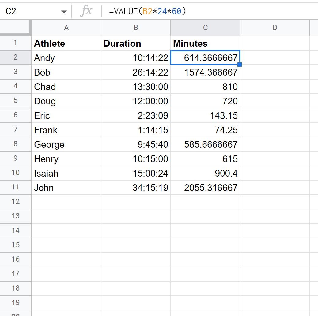 Google Sheets convert time to minutes