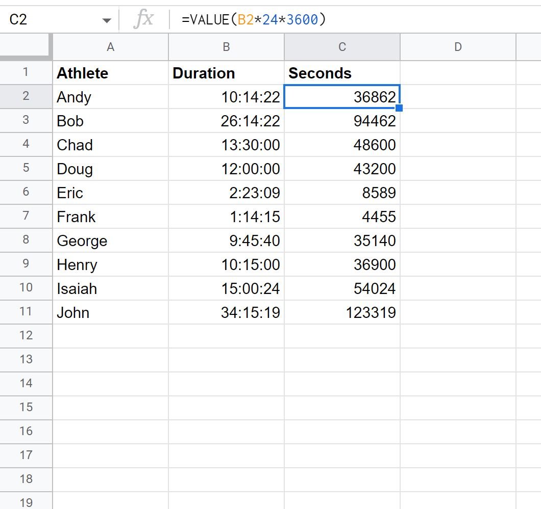 Google Sheets convert time to seconds