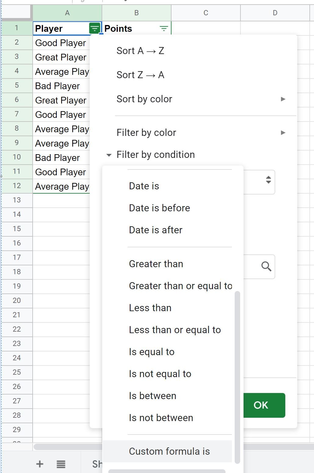 Google Sheets filter using custom formula