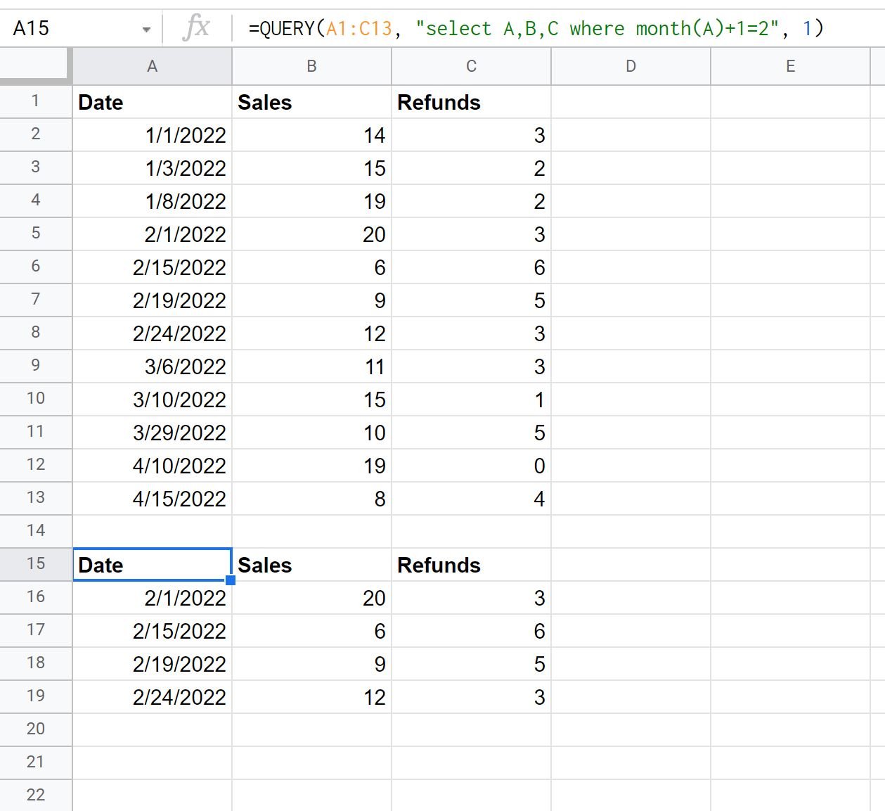 Google sheets query month