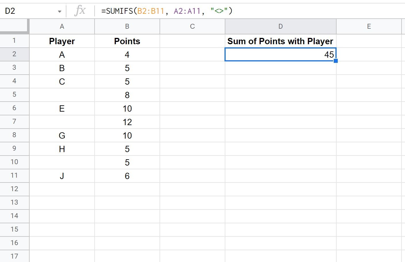 SUMIF not blank in Google Sheets