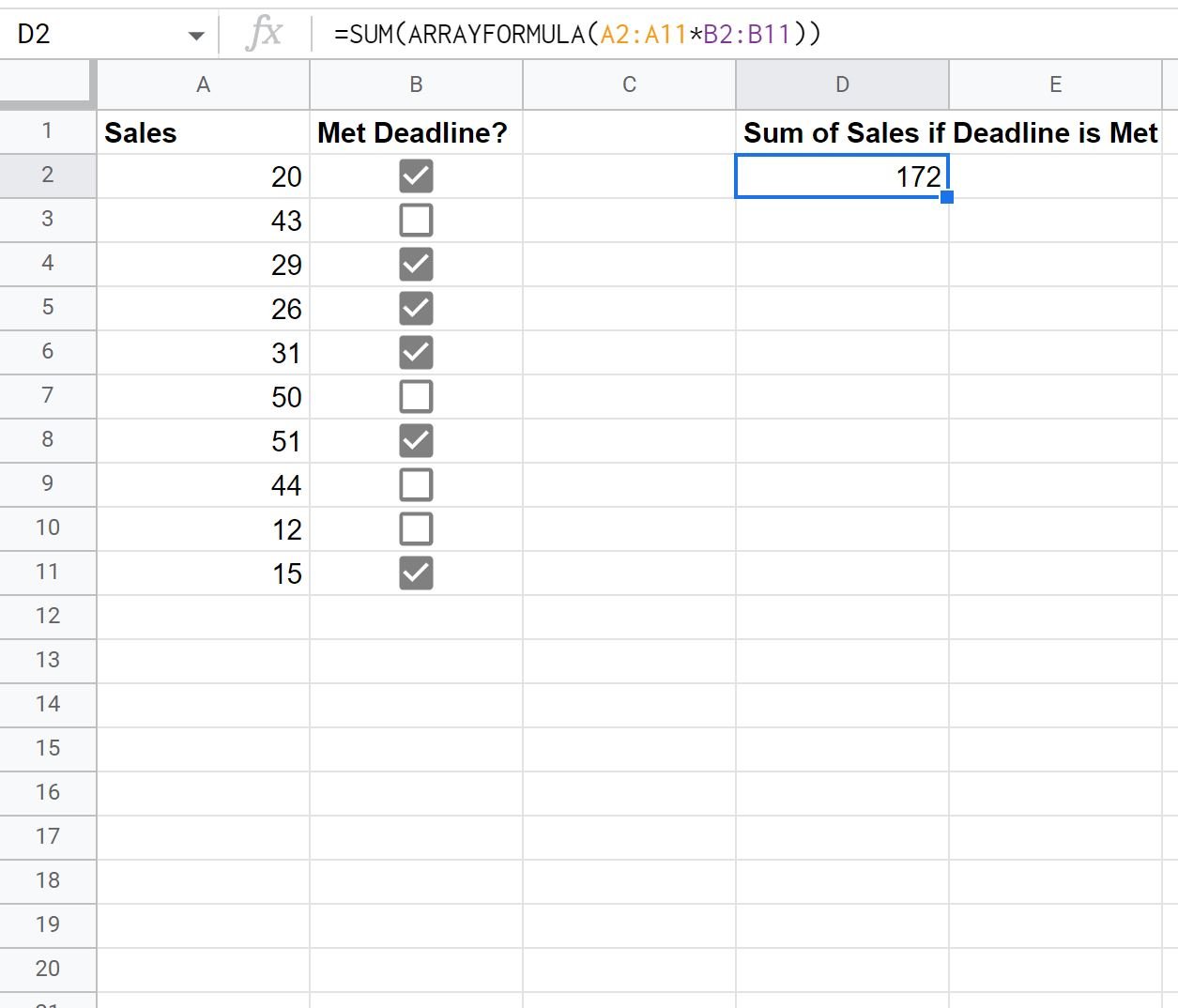 Google Sheets sum if checkbox is checked
