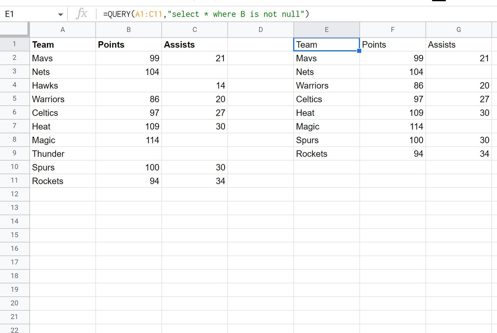 Google sheets query ignore blank cells