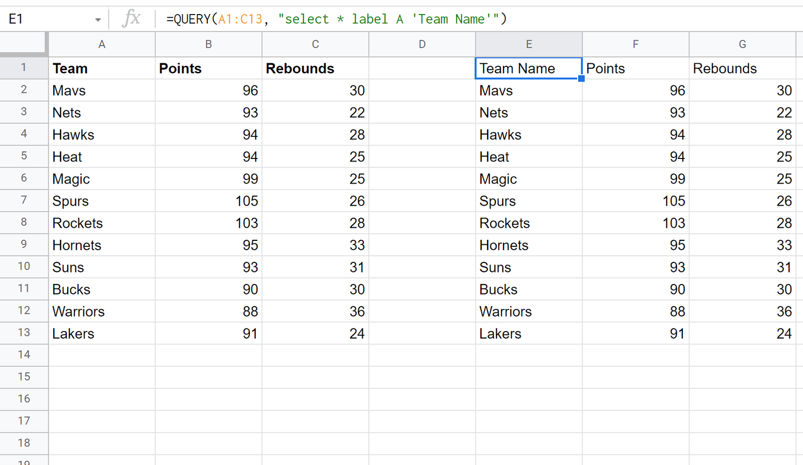 label clause in Google Sheets