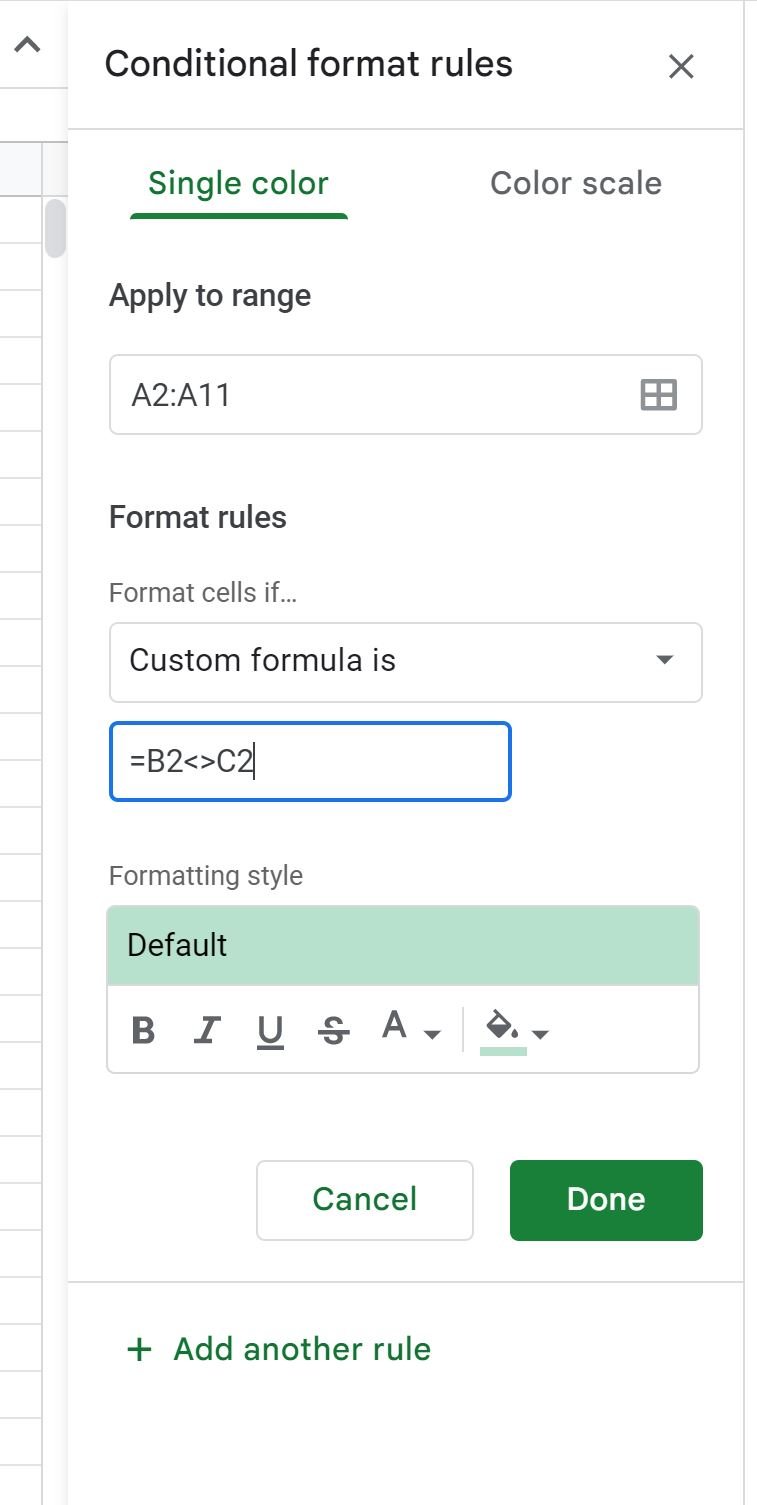 Google Sheets not equal in conditional formatting