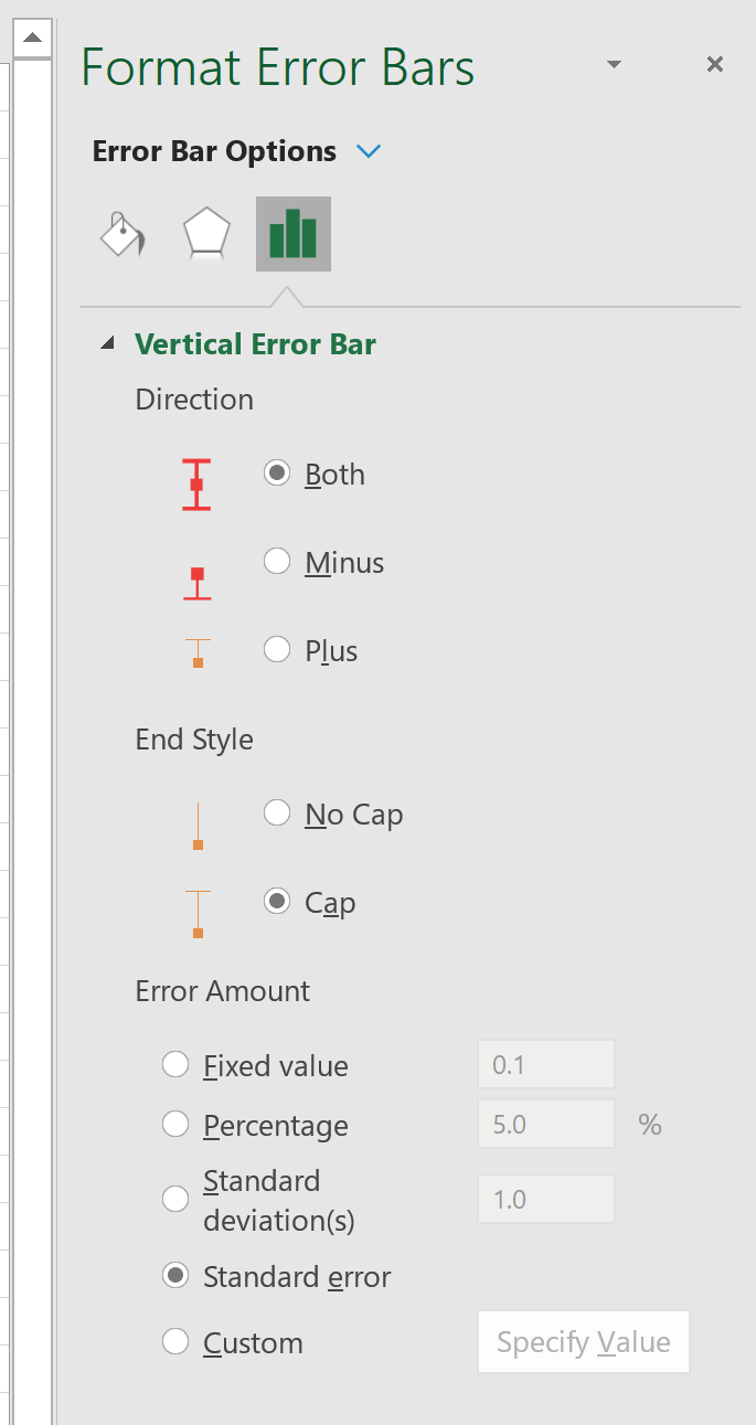 Error bar options in Excel