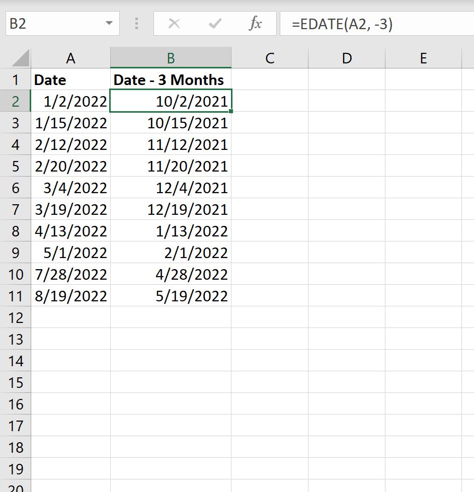 Excel subtract months from date