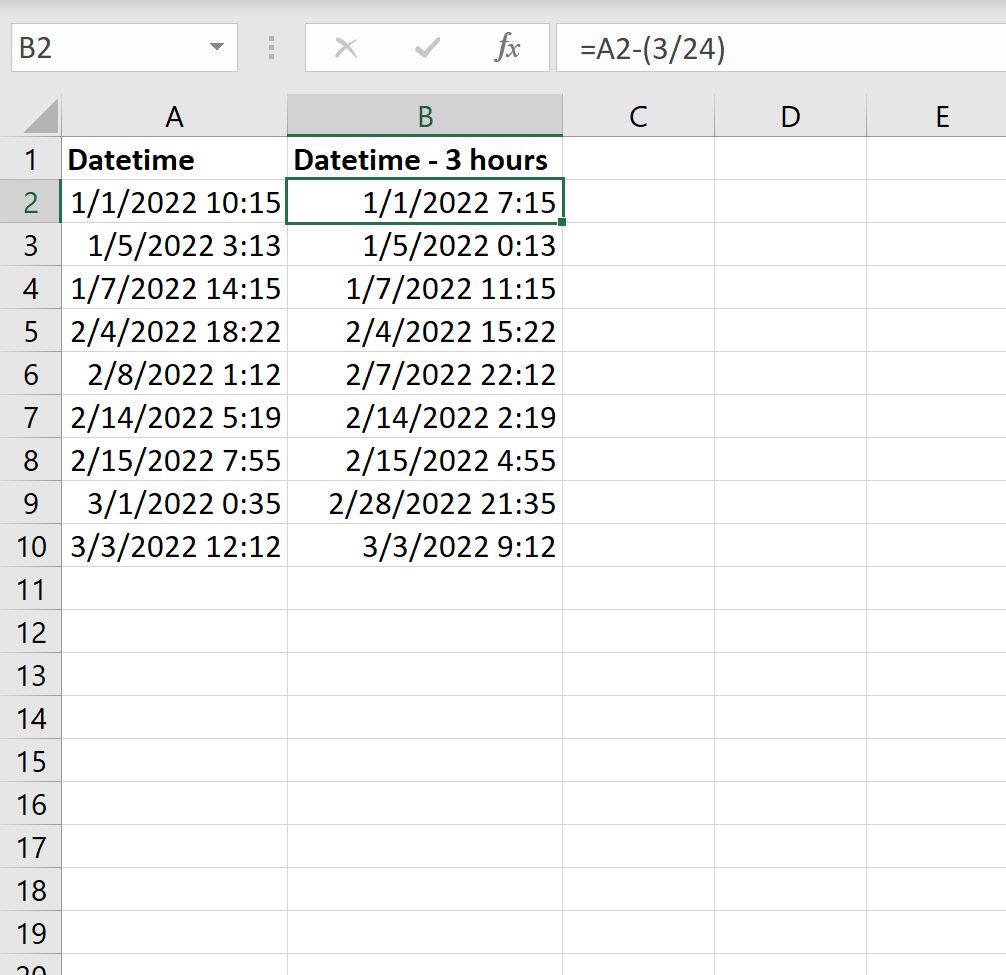 Excel subtract hours from datetime