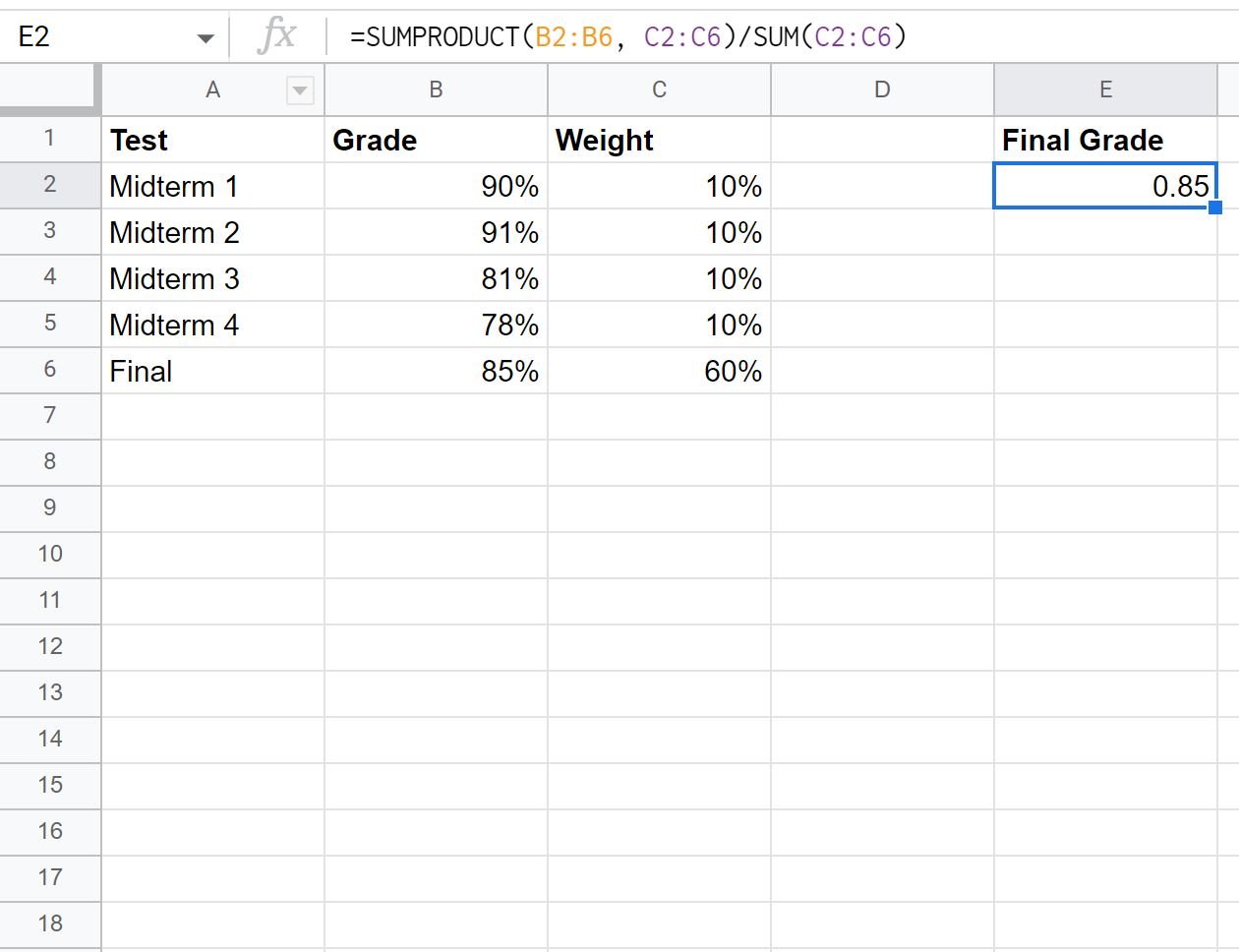 weighted percentage in Google Sheets