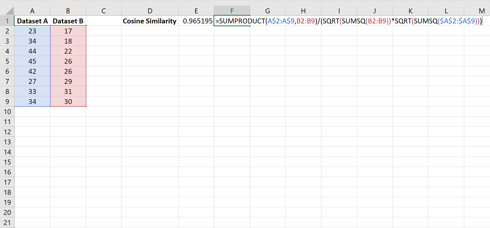 cosine similarity formula in Excel