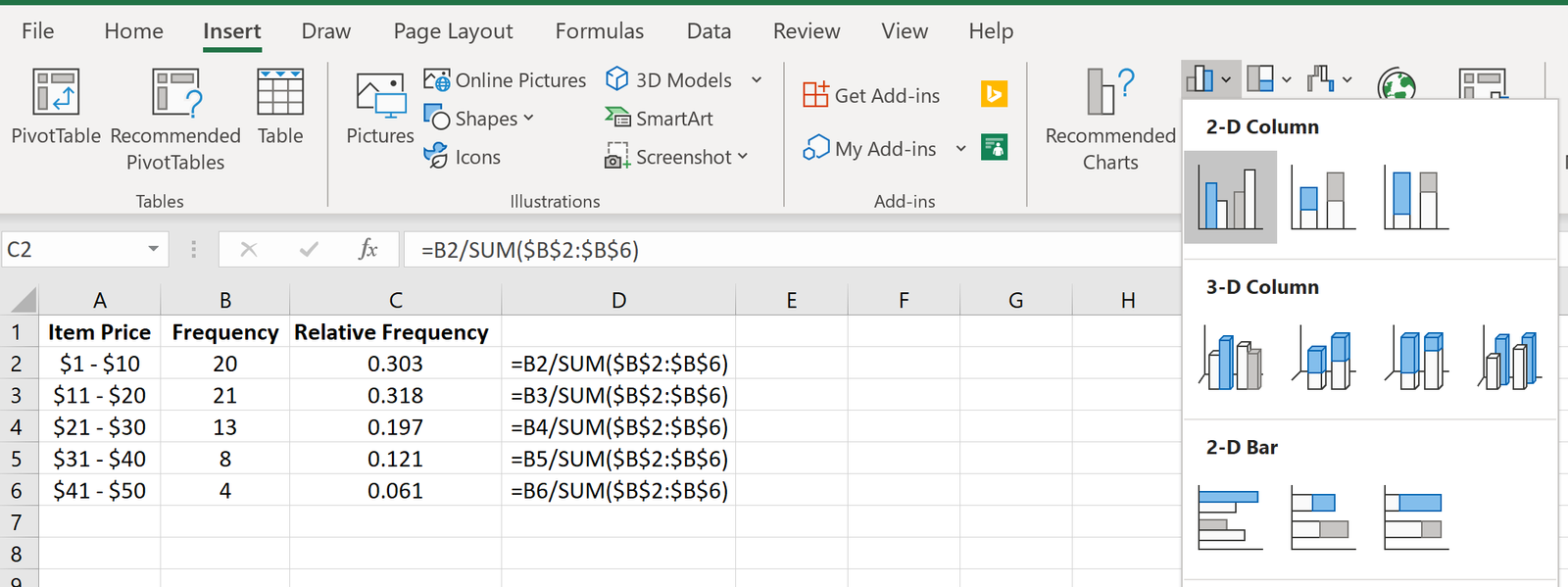 Relative frequency histogram in Excel