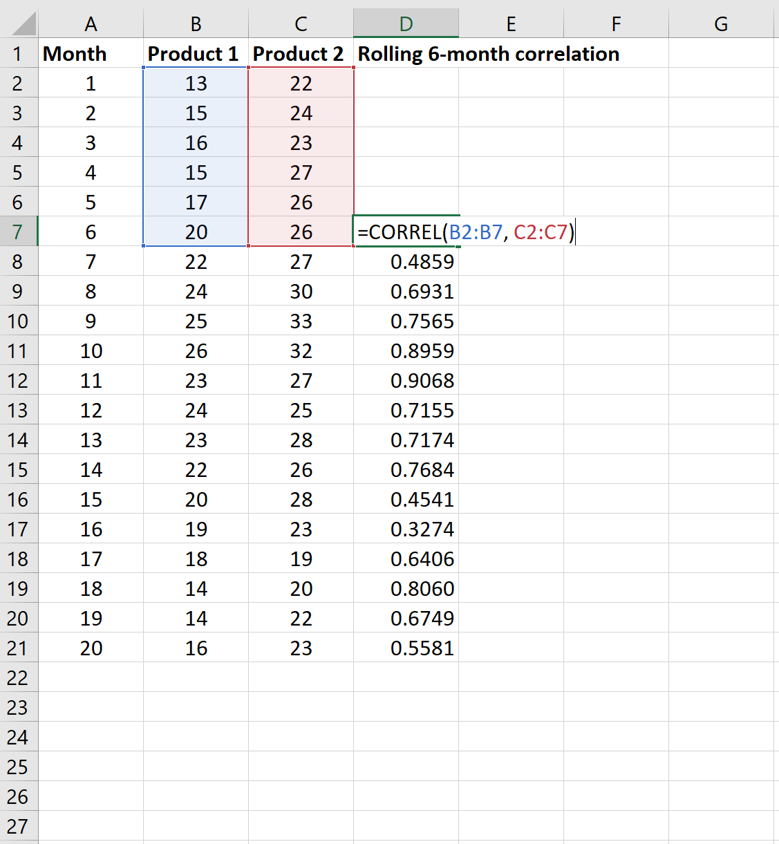 6-month rolling correlation in Excel