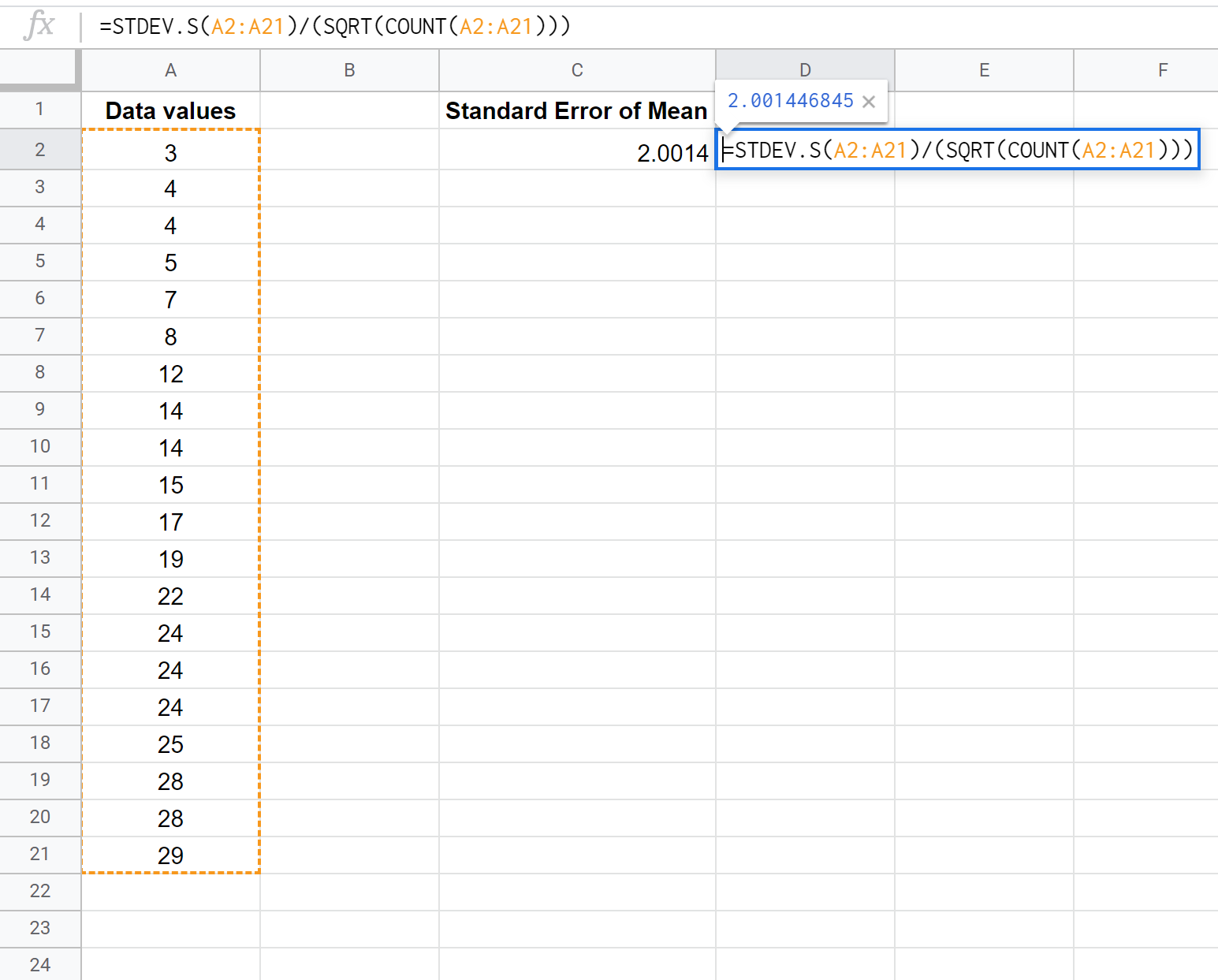 Standard error of the mean in Google Sheets