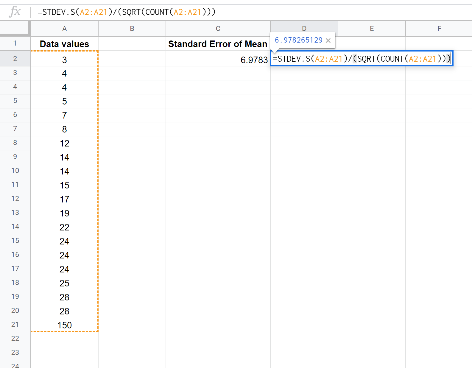 Standard error calculation in Google Sheets