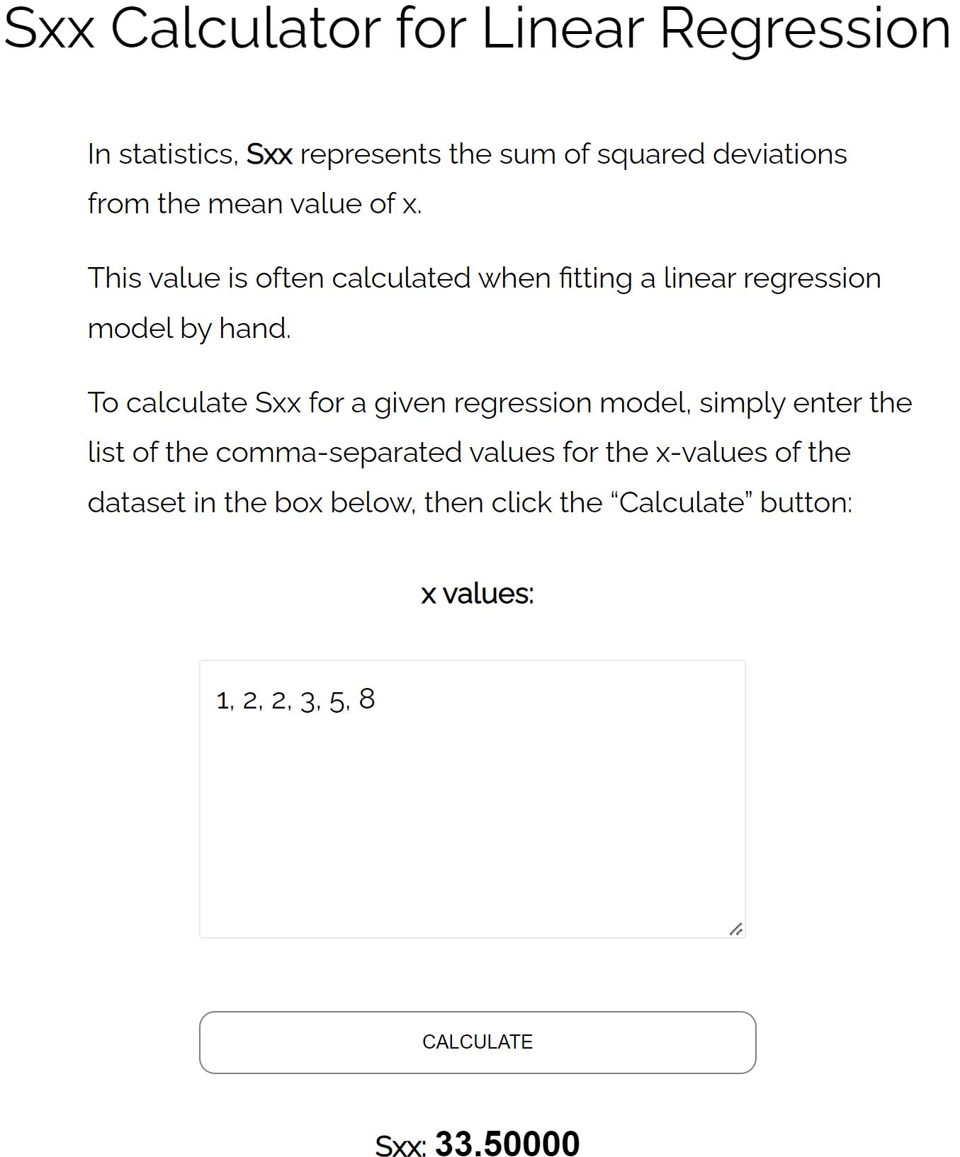 ssx calculator for linear regression