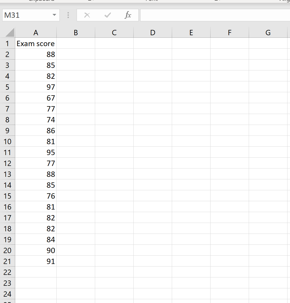 Example dataset in Excel