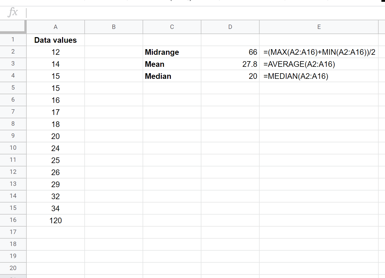 Midrange vs. mean and median in Google Sheets