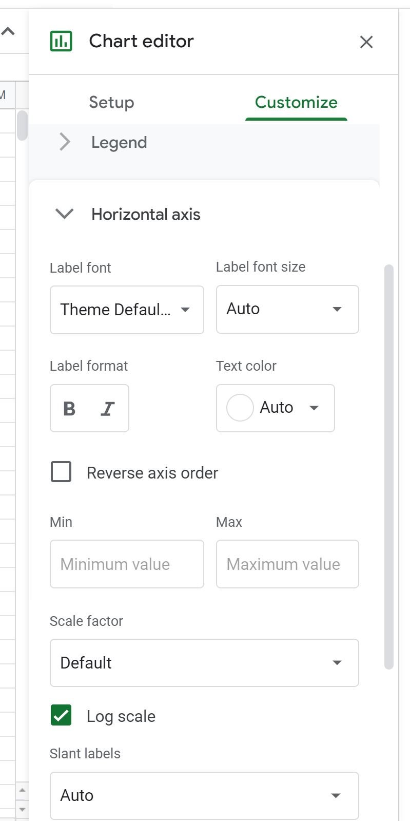 Google Sheets change axis scale