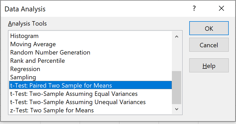 Paired samples t-test in Excel