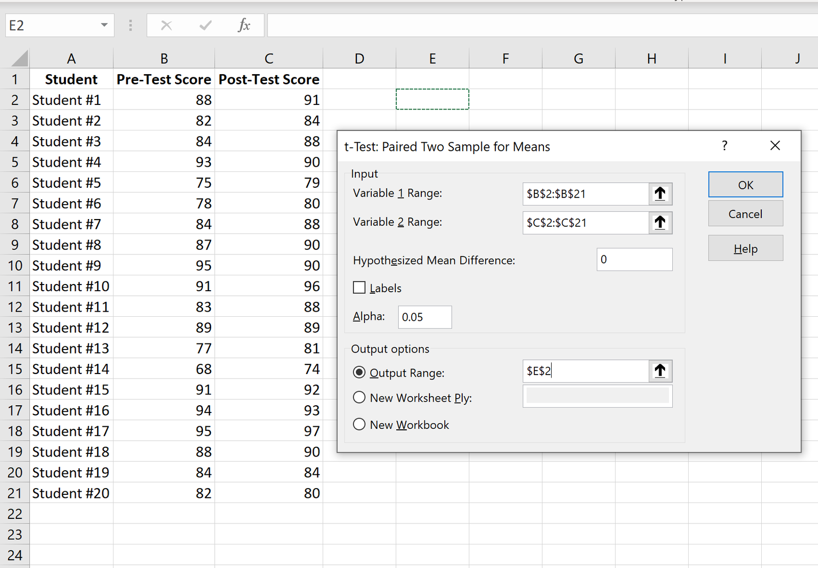 Paired samples t test input data in Excel