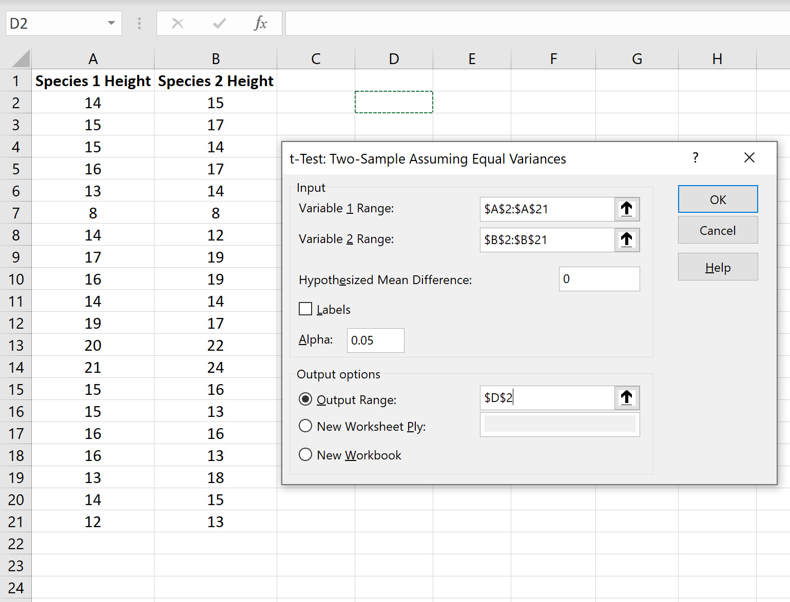 Two sample t-test with equal variances in Excel