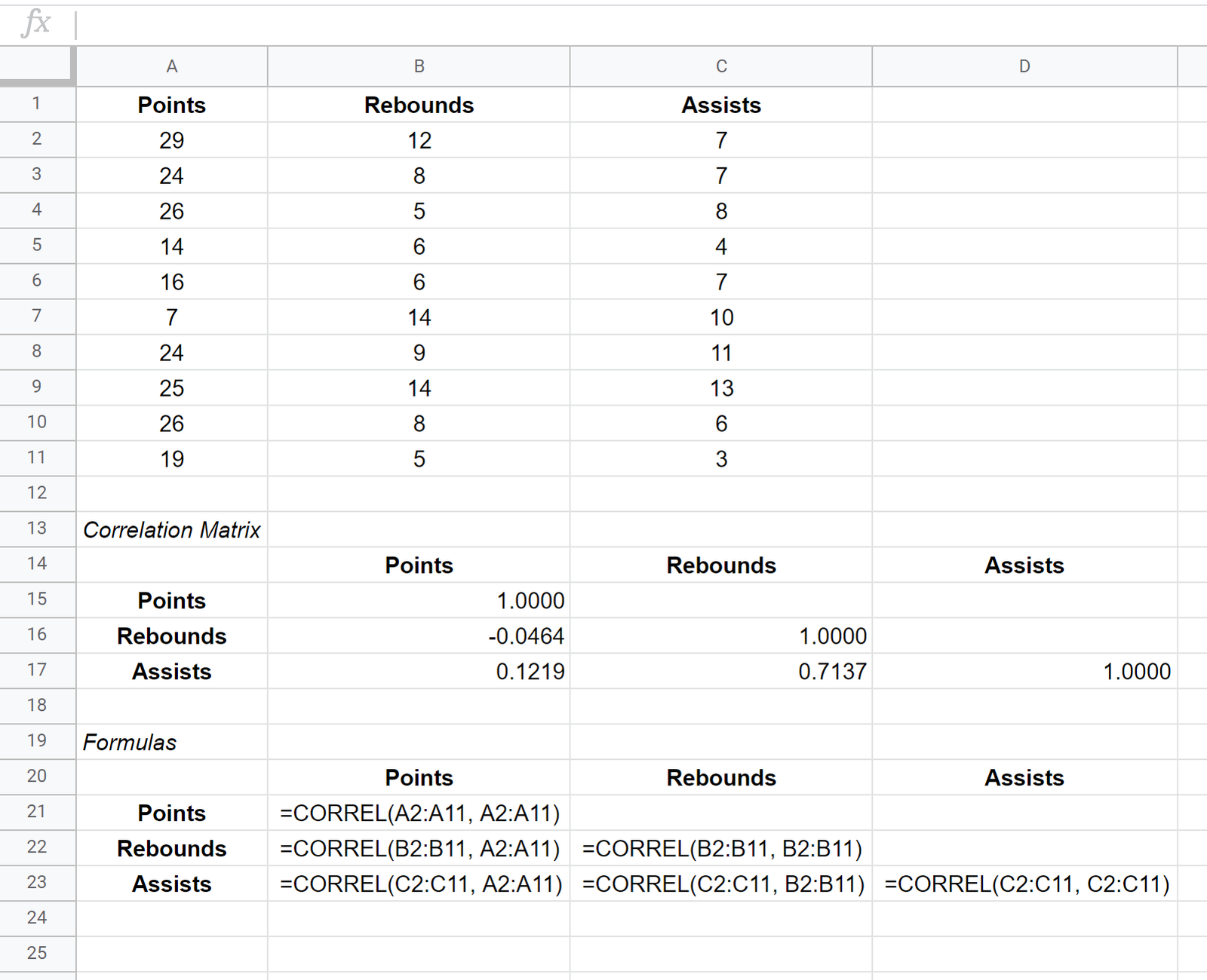 Correlation matrix in Google Sheets