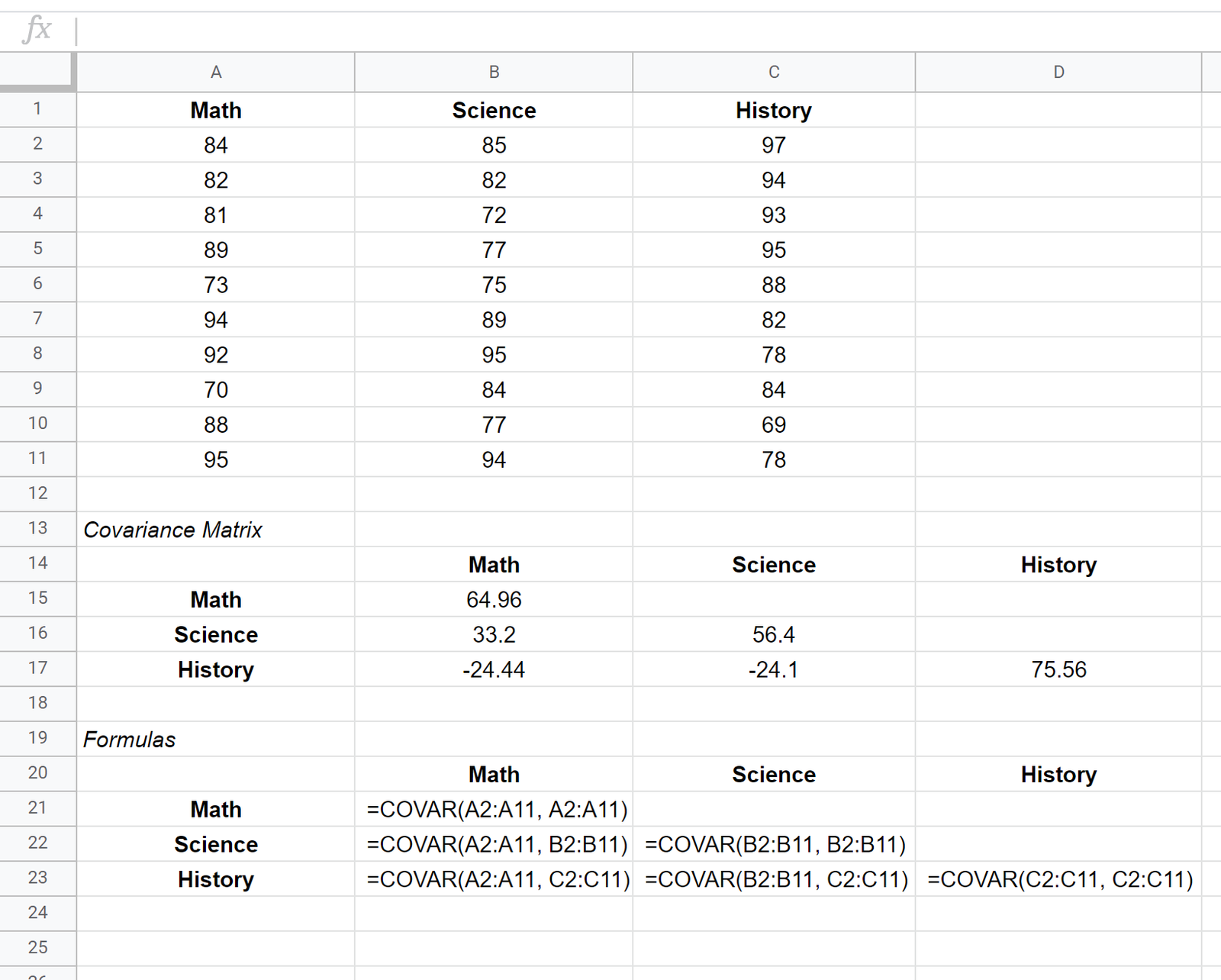 Covariance matrix in Google Sheets