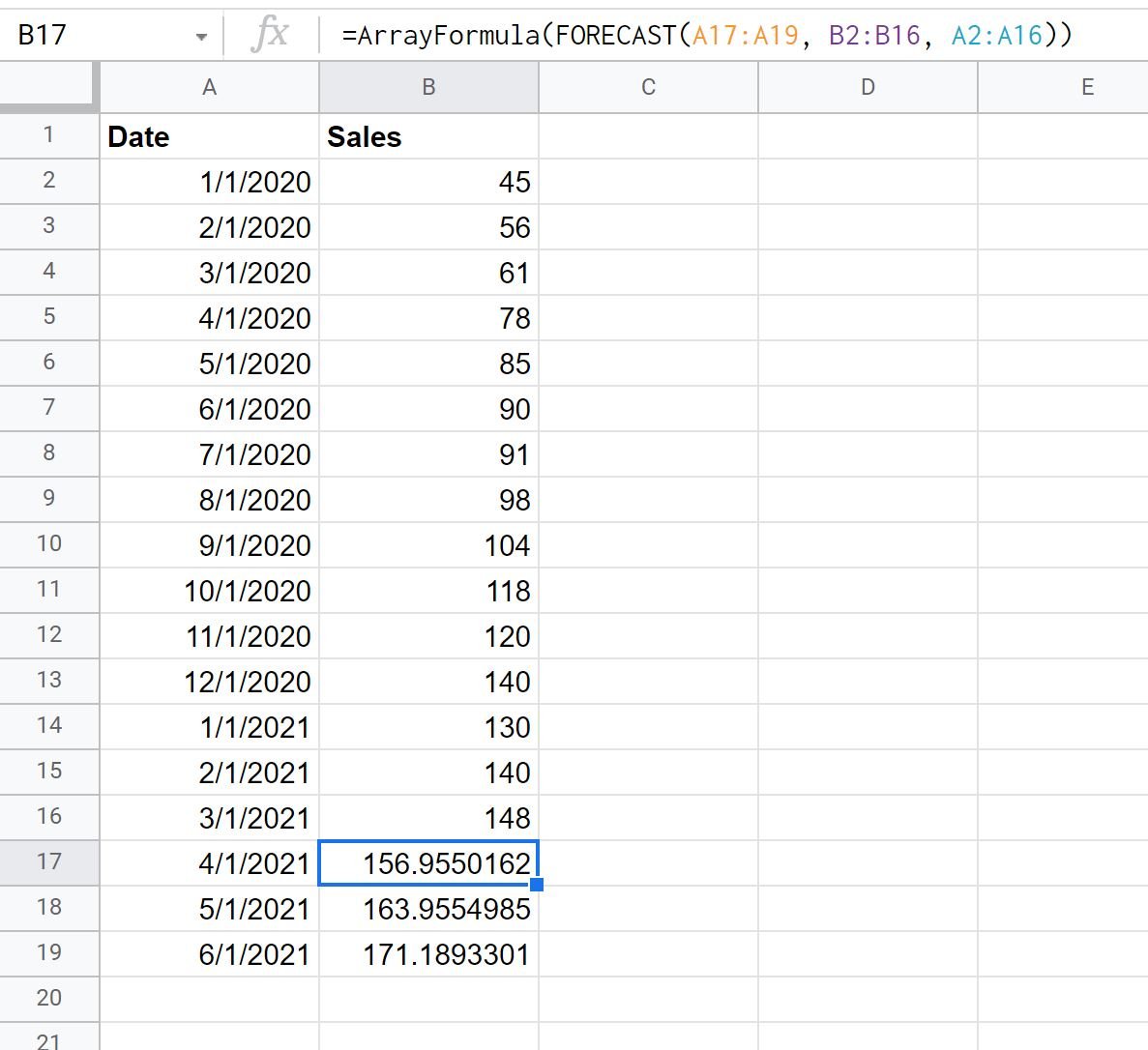 forecast multiple values in Google Sheets