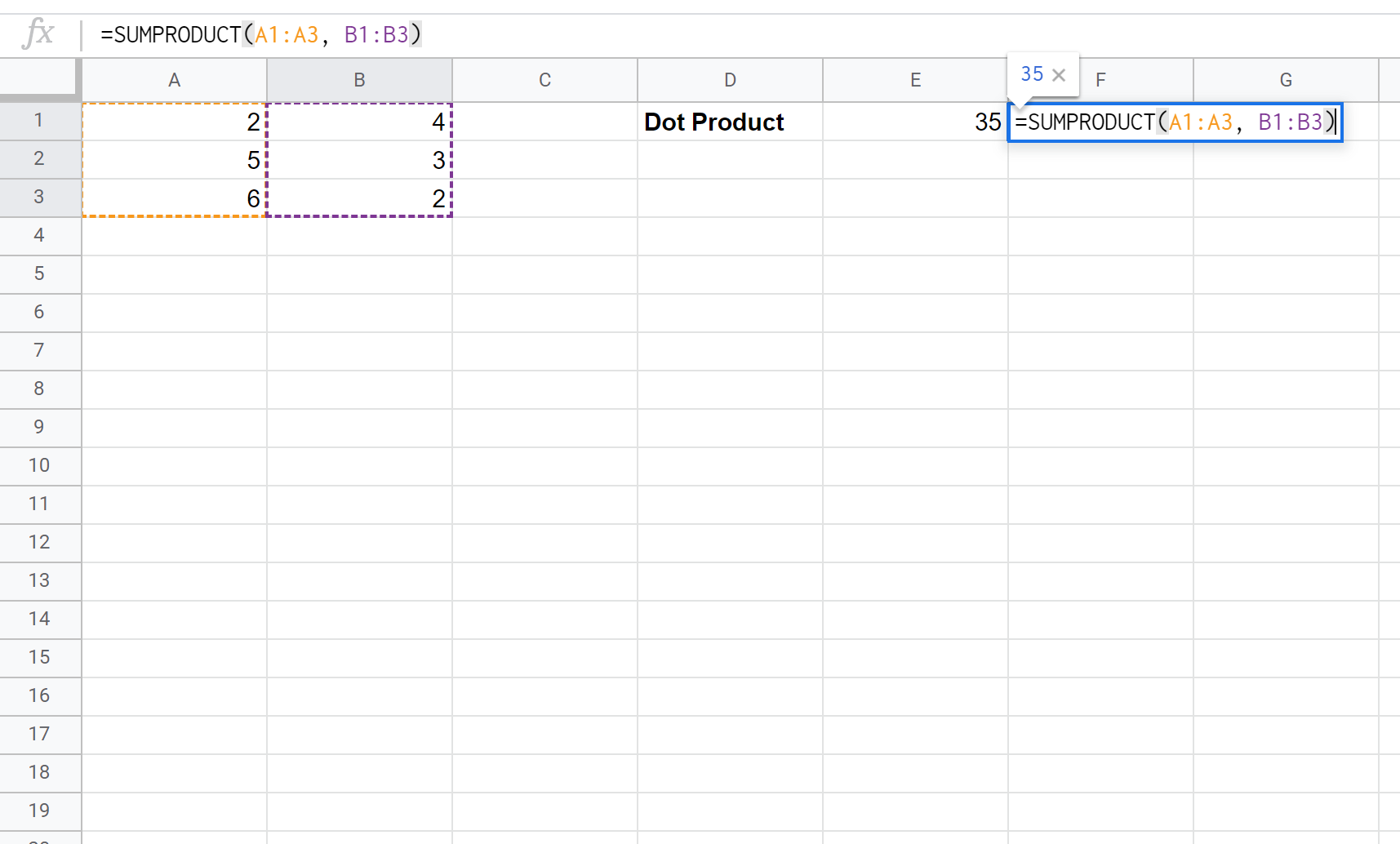 Dot product in Google Sheets