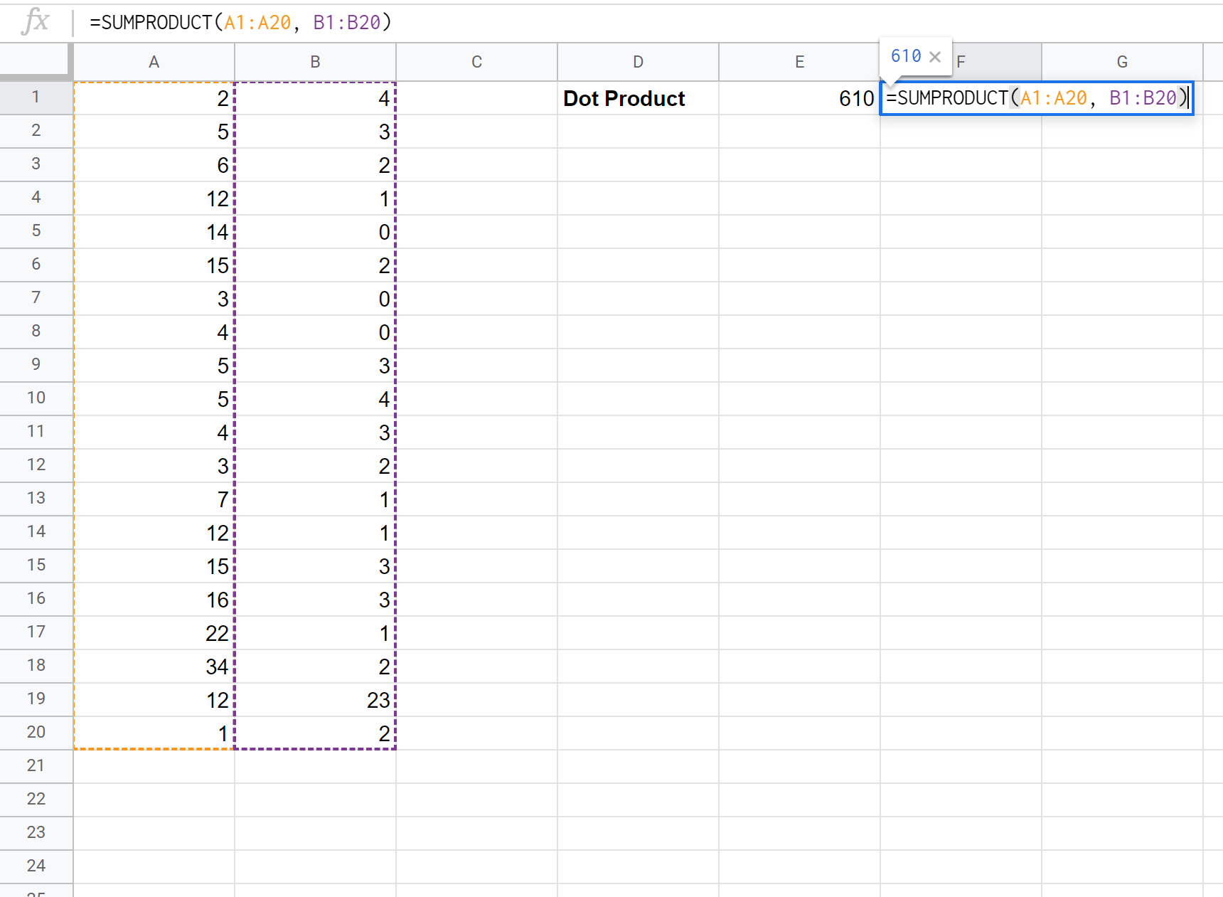 Dot product formula in Google Sheets