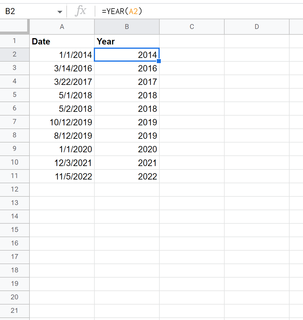 Google Sheets extract year from date