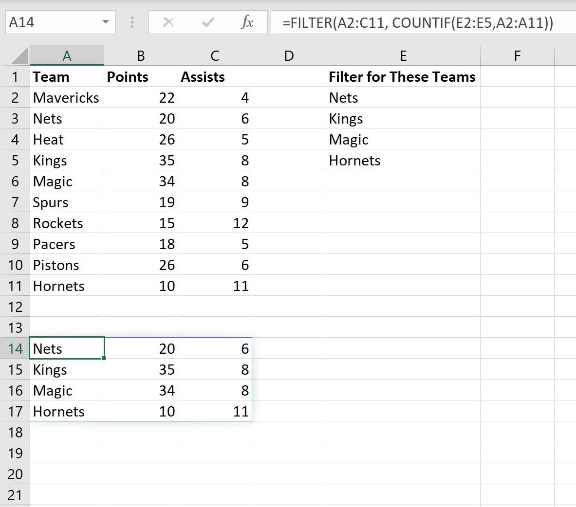 Excel filter by list of values