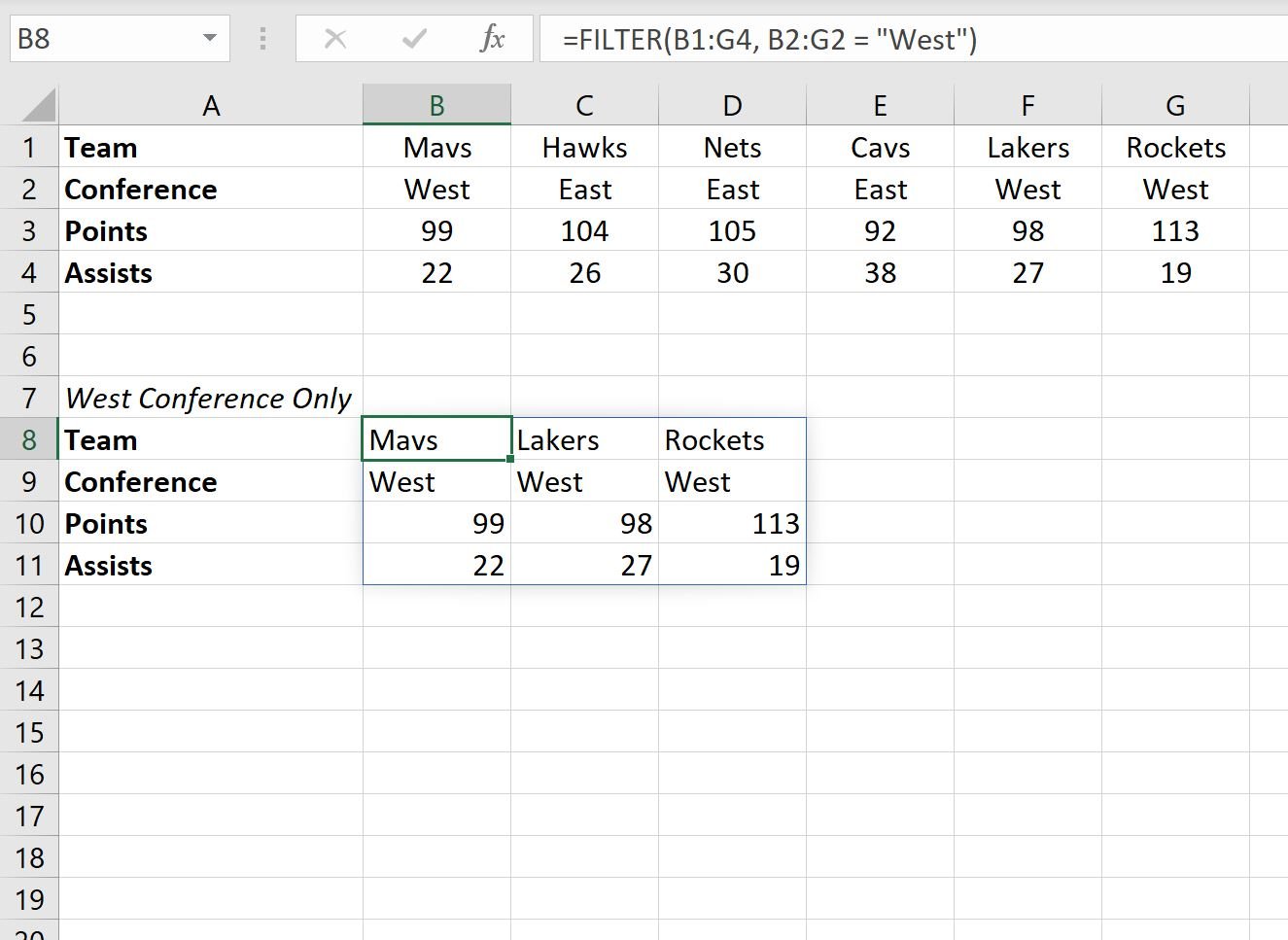 filter data horizontally in Excel