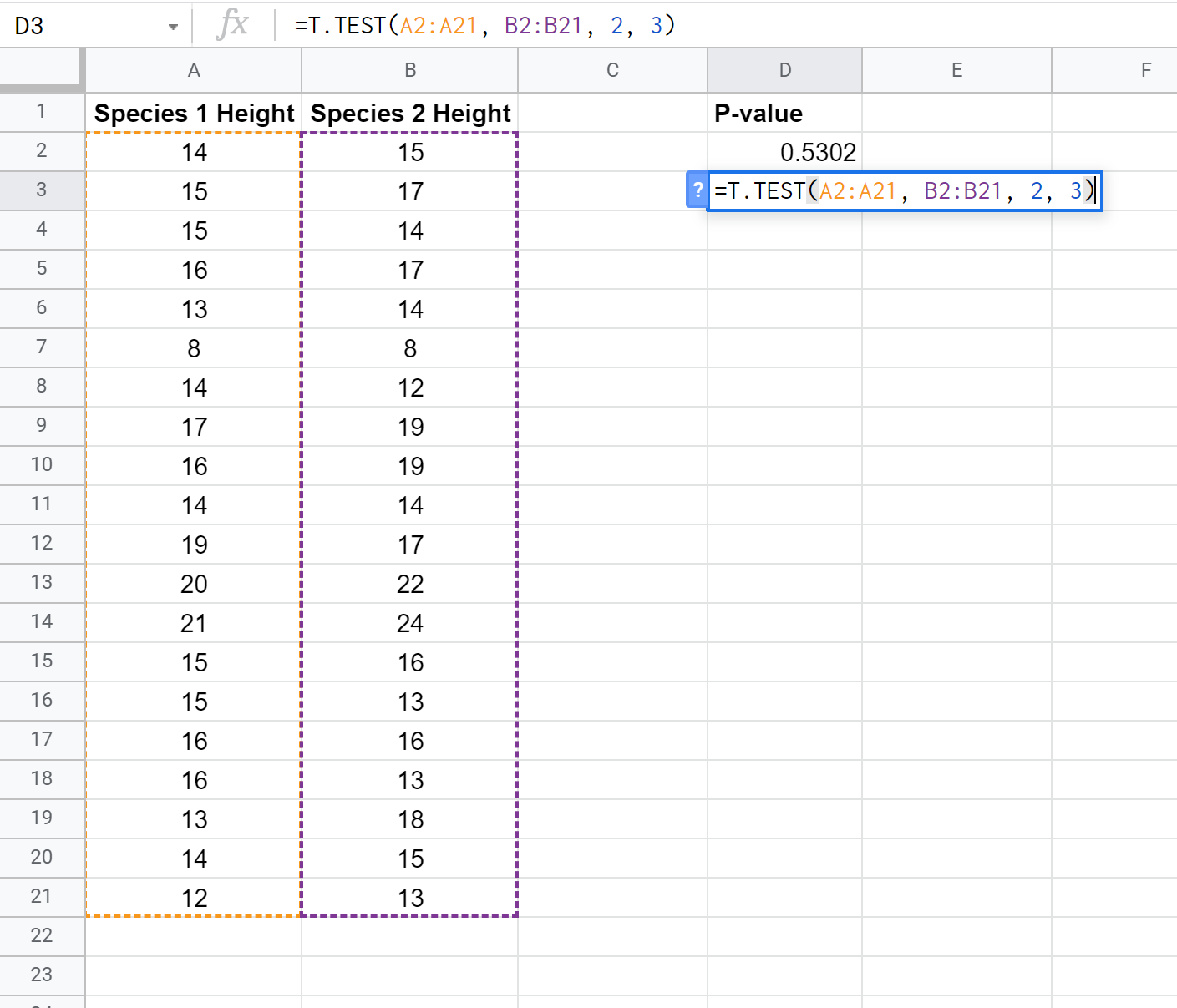 P-value example in Google Sheets