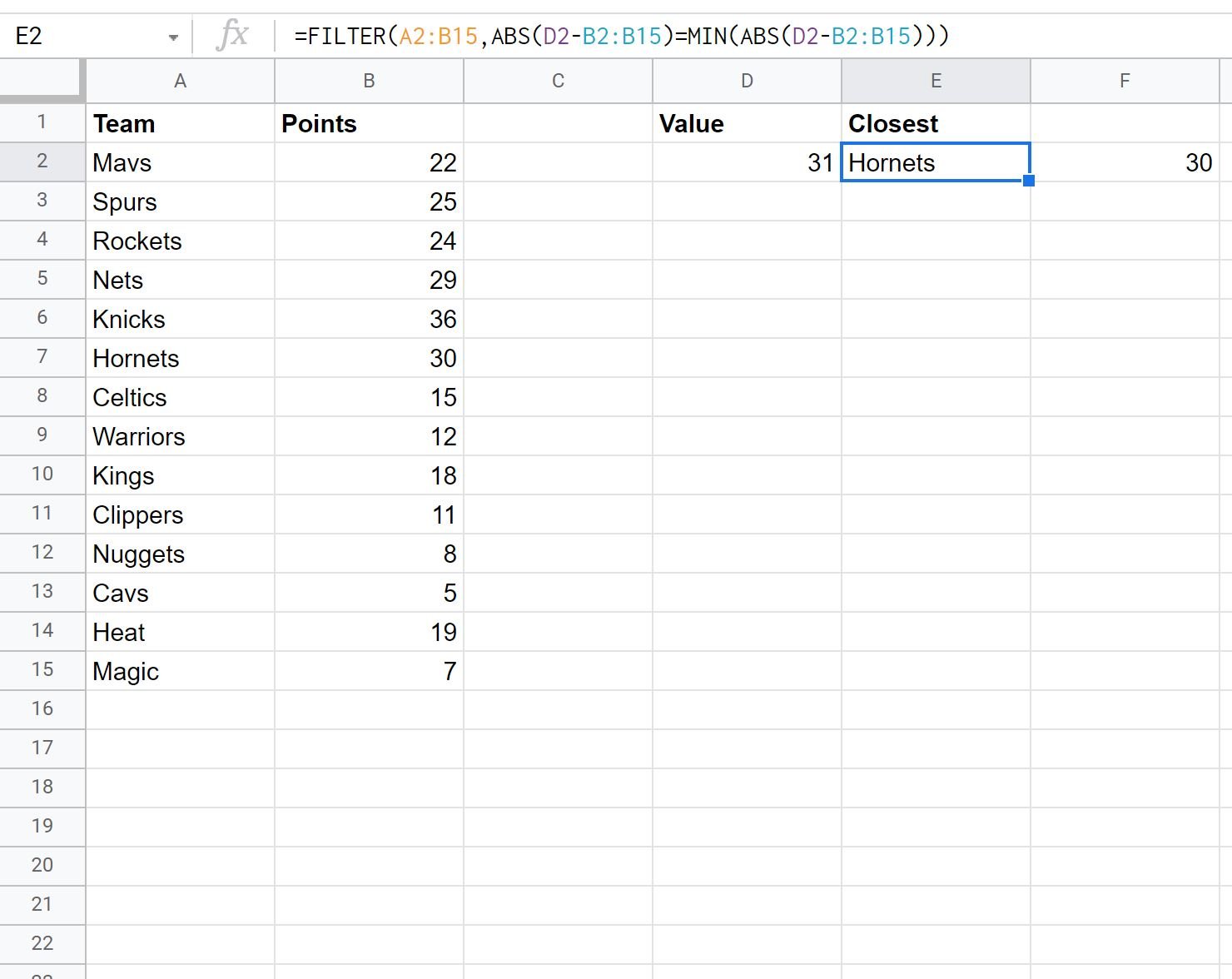 Google Sheets find closest value