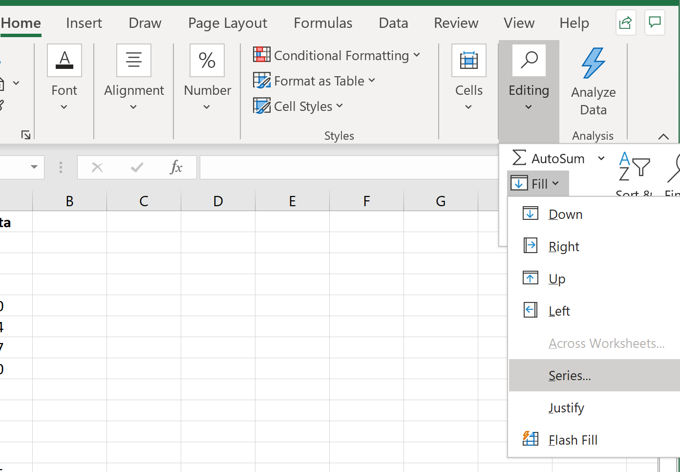 Series fill option in Excel