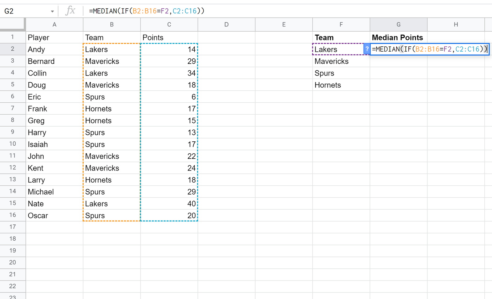 Median IF in Google Sheets